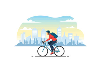 Fototapeta premium Illustration of a Man Wearing Red Clothes and a Helmet Cycling Across a City with a Skyscraper Background