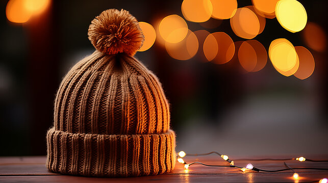 cozy knit beanie with bokeh lights