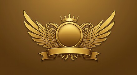 Elegant golden winged emblem with crown and ribbon for branding identity