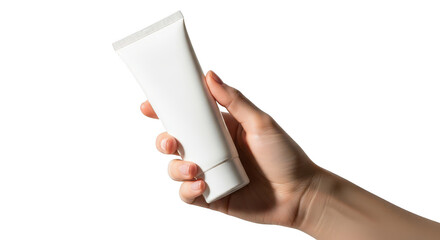 Hand holding a white cosmetic tube isolated on transparent background