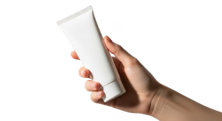 Hand holding a white cosmetic tube isolated on transparent background