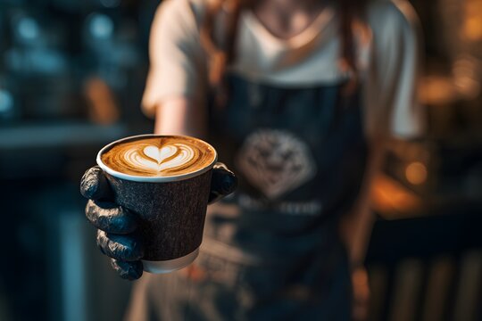 A gloved hand offers a cup of delicious coffee with a heart design.