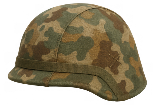 Military style combat helmet with camouflage pattern and stitched x mark on transparent background