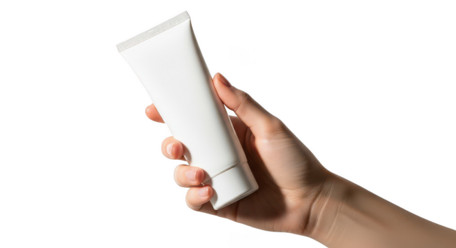 Hand holding a white cosmetic tube isolated on transparent background
