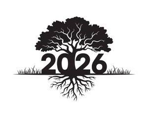 Naklejka premium Year 2026 tree silhouette with roots and grass