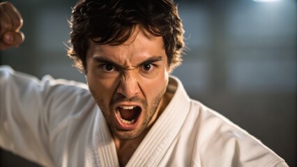 Intense martial artist shouting with fierce expression, showcasing determination and strength in a dojo setting.