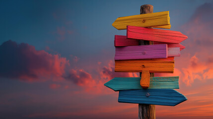 Sunrise scene with signpost illustrating different paths for work life balance and life choices