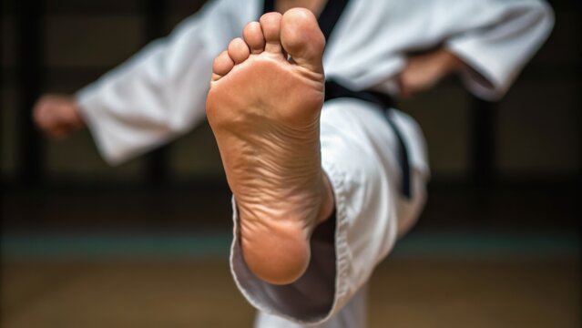 Dynamic martial arts kick showcasing a foot in motion, highlighting athleticism and precision in a training environment.