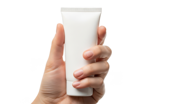 Hand holding a white cosmetic cream tube isolated on transparent background - Powered by Adobe