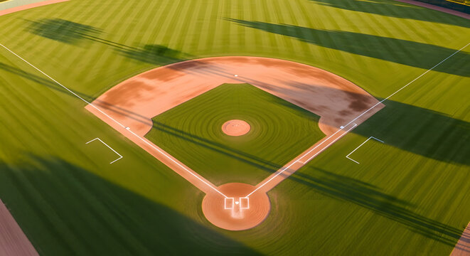Experience the thrill of America's favorite pastime with this stunning aerial view of a perfectly manicured baseball field at golden hour.