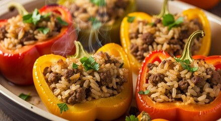 Stuffed bell peppers with rice and ground meat, fresh parsley garnish