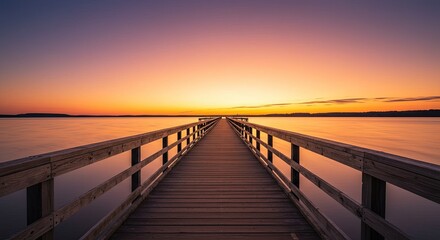 Obraz premium Serene Sunset Over the Lake, Captured from a Wooden Pier in Tranquility and Peace