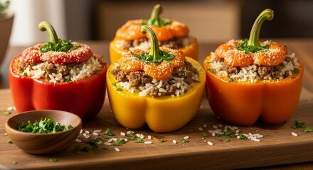 Stuffed bell peppers with rice and ground meat, fresh parsley garnish