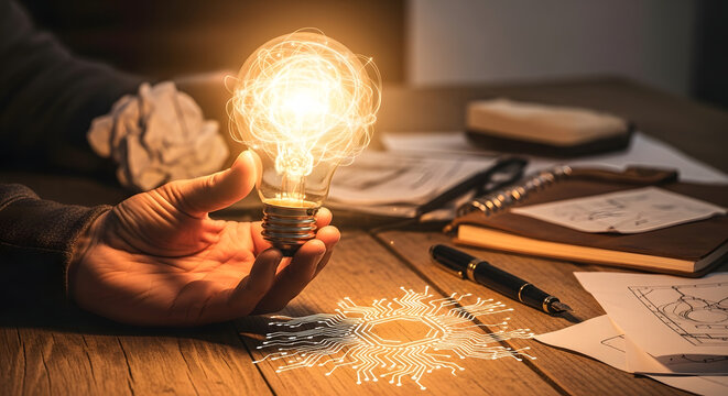 Hand holding glowing lightbulb symbolizing innovation and ideas with circuit board concept on wooden desk, creative brainstorming.