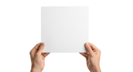 Hands holding a blank white paper isolated on transparent background