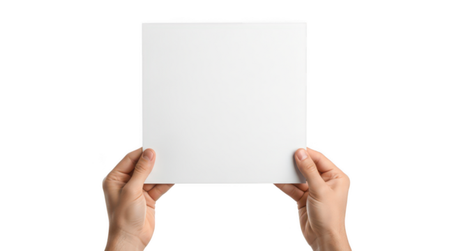 Hands holding a blank white paper isolated on transparent background