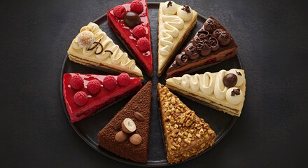 Top view of assorted gourmet cake slices arranged in a circle on a dark plate