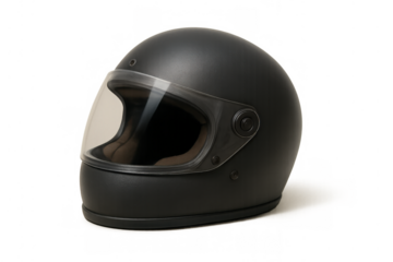 Vintage matte black motorcycle helmet providing safety and protection for bikers, rendered on a transparent background