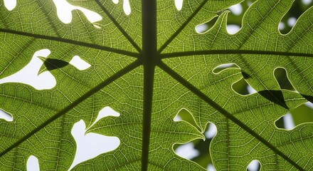 Close-up view of a vibrant green leaf showing intricate vein patterns and sunlight filtering through its translucent surface.