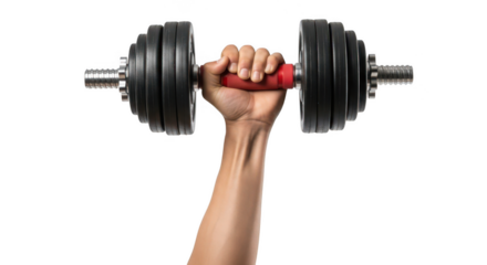 Hand holding a heavy dumbbell isolated on transparent background