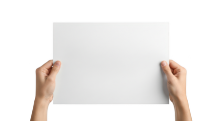Hands holding a blank white paper sheet isolated on transparent background