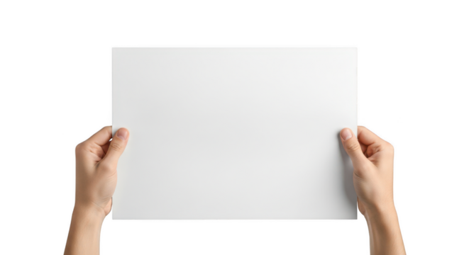 Hands holding a blank white paper sheet isolated on transparent background - Powered by Adobe