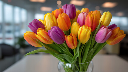 Lively workspace setup with tulip bouquet in modern office promoting positive and inspiring