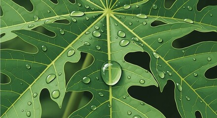 Glistening morning dew droplets resting on the intricate veins of a vibrant green papaya leaf.