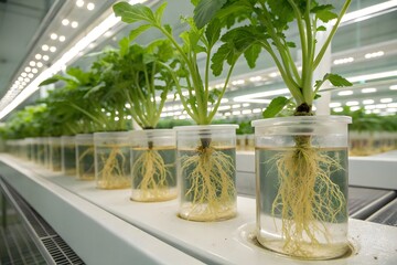 Plants growing in clear containers with visible roots under artificial light indoors in a row setup
