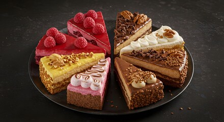 Assortment of Gourmet Cake Slices with Various Flavors and Toppings on Dark Background