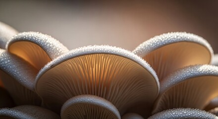 A stunning macro photograph capturing the intricate gills of a cluster of mushrooms, adorned with tiny dewdrops showcasing nature's delicate patterns