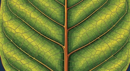 Close-up illustration of a vibrant green leaf showing intricate vein patterns and cellular structure.