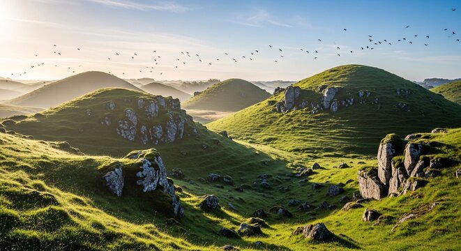 Peaceful scenic landscape of ancient rolling green hills and burial mounds basking in the warm light of a beautiful sunrise