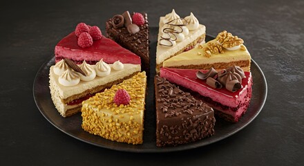 Assortment of Eight Gourmet Cake Slices Arranged in a Circle on a Dark Plate, Featuring Variety of Flavors and Toppings