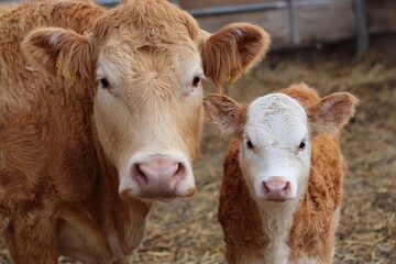 Cow and calf pair in a barn, showcasing the bond of farm animals in a domestic setting during a sunny afternoon on a rural farm