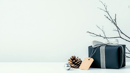 A dark blue gift box with a silver ribbon and bow sits on a white surface next to a pine cone and a silver bauble, with bare branches in the background.
