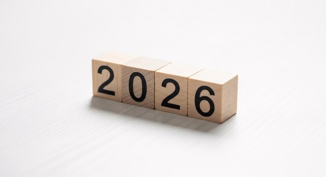 Wooden blocks displaying the number 2026 on a white wooden background, symbolizing the new year, future planning, and goals