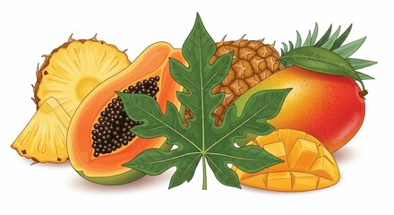Vibrant illustration of tropical fruits including pineapple, papaya, mango, and a leaf, showcasing freshness.