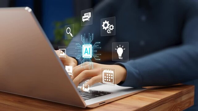 AI, Artificial intelligence. Automation tools, emails, chatbots, image and video generation, search engine, voice, planning, business ideas. Person or employee using AI tools. 3D video animation