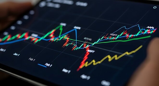Close up of a screen displaying stock market data with google microsoft and apple charts shown