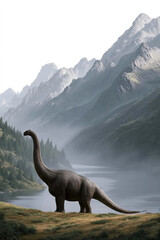Obraz premium Jobaria dinosaur roams through misty mountains and lush forests by tranquil lakes