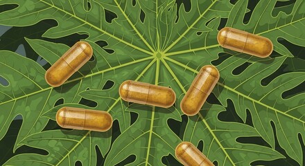 Close-up shot of several golden capsules scattered on a large green leaf, showcasing natural health.