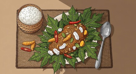 Illustration of a plate of food with rice, insects, and leaves on a woven mat.