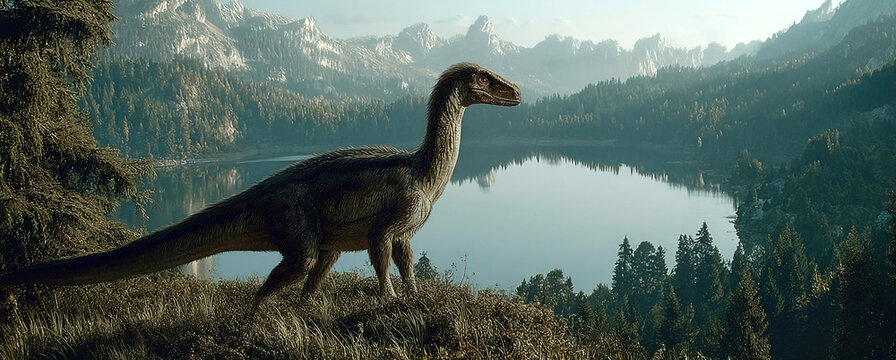 Lesothosaurus explores a prehistoric landscape of lakes and mountains