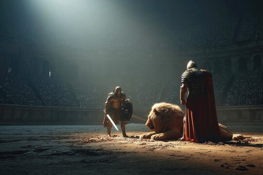 Gladiators face a lion in combat inside the Colosseum arena in ancient Rome