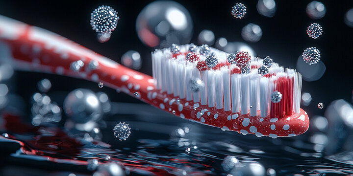 Bright toothbrush with red and white bristles in clear water Generative AI