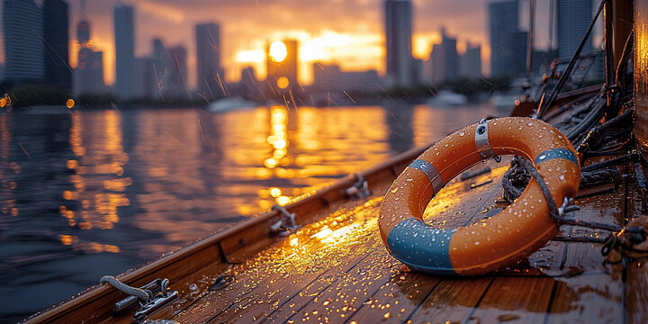 Vibrant life ring on wooden boat at sunset Generative AI - Powered by Adobe