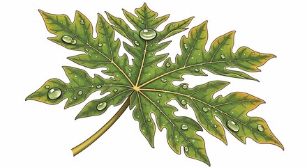 Close-up illustration of a green papaya leaf with water droplets, showing intricate details.