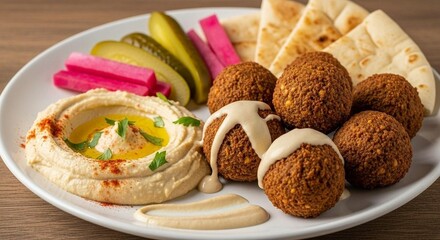 Falafel plate with hummus, tahini, pickles, and pita bread