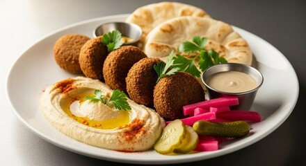 Falafel plate with hummus, tahini, pickles, and pita bread